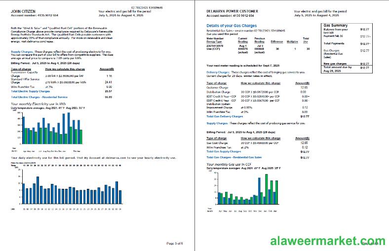 USA Delmarva Power utility bill template in Word and PDF formats, 5 pages, 3-4 pages